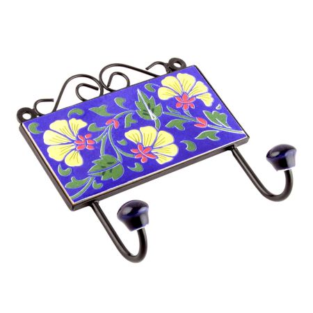 Navy Blue And Forest Green Leaf Ceramic Floral Tiles Hooks 